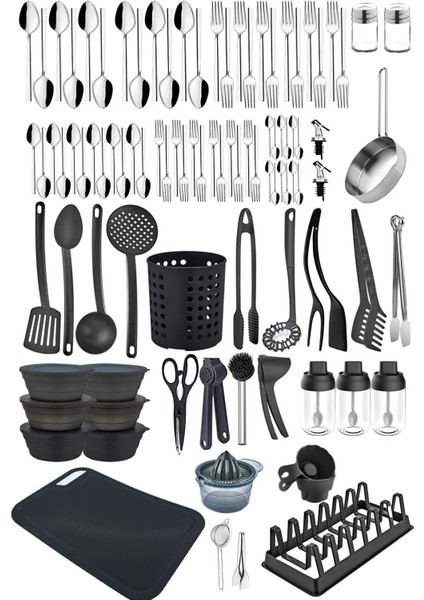 95 Parça 12 Kişilik Çatal Kaşık Bıçak Seti - Teflon Kepçeler, Kaşıklık, Saklama Kabı ve Maşa Dahil