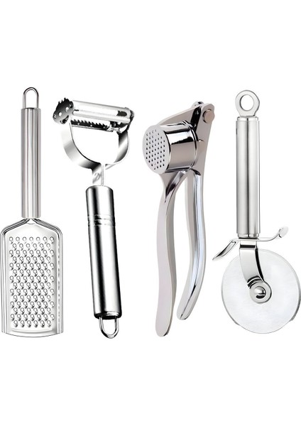 4 Parça Mutfak Gereçleri Seti; El Rendesi, Çift Taraflı Julyen Soyacak, Sarımsak Ezici, Pizza Kesici