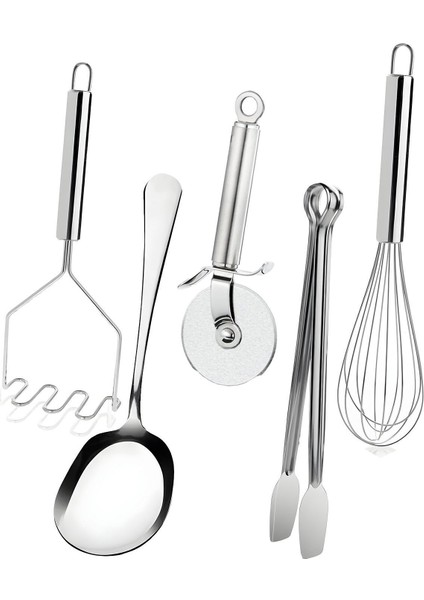 5 Parça Mutfak Gereçleri Seti; Patates Ezici, Servis Kaşığı, Pizza Kesici, Izgara Maşa, Tel Çırpıcı