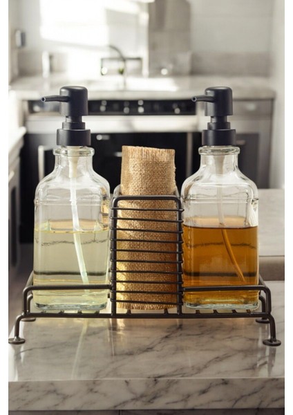 2'li Metal Standlı Cam Sıvı Sabunluk Seti - Mutfak ve Banyo Için Şık Tasarım