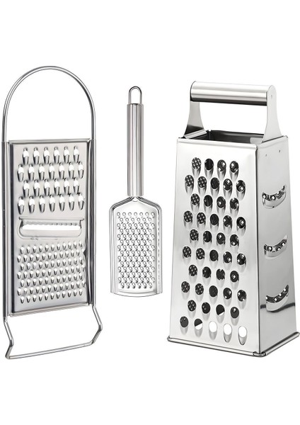 3 Parça Paslanmaz Çelik Pratik Rende Seti; Tek Taraflı Rende, El Rendesi, Dörtgen Rende