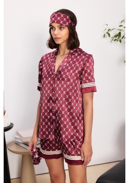 Bordo Saten Biyeli Kadın Pijama Şort Takımı 1325