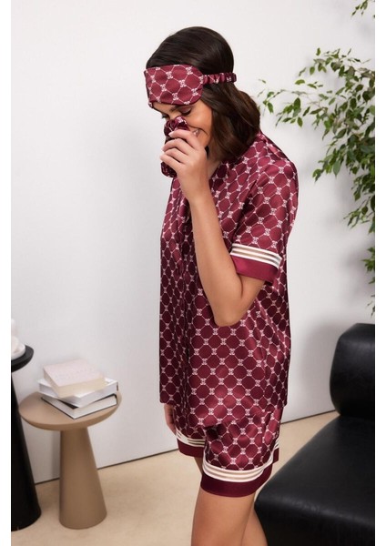 Bordo Saten Biyeli Kadın Pijama Şort Takımı 1325