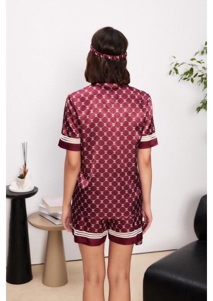 Bordo Saten Biyeli Kadın Pijama Şort Takımı 1325