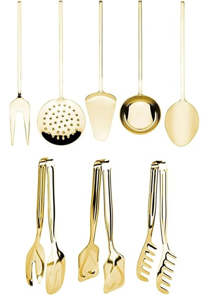 Yüksek Kalite Gold 8 Parça Servis Sunum Seti. Makarna, Pasta, Salata Altın Maşa Seti ve Kepçe Takımı