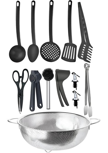 13 Parça Mutfak Seti; Teflon Kepçe Seti, Mutfak Makası, Sarımsak Ezici, Makarna Süzgeci, Küçük Maşa
