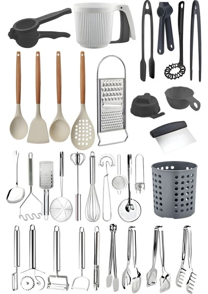 34 Parça Mutfak Servis Seti; Bambu Silikon Kepçe Seti, Maşa Seti, Kaşıklık, Rende, Çırpıcı, Soyacak