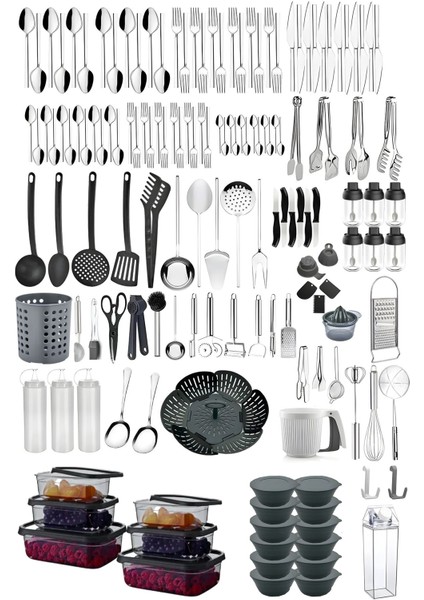 154 Adet Modern Mutfak Çeyiz Seti| 72 Parça Çatal Kaşık Takımı| Kepçe Set| Saklama Kabı| Baharatlık