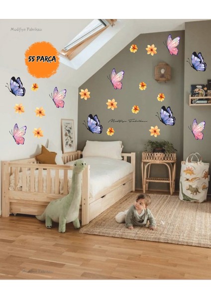 Kelebekler ve Çiçekler Çocuk Bebek Odası Cam Duvar Sticker Seti - Uv Baskı -