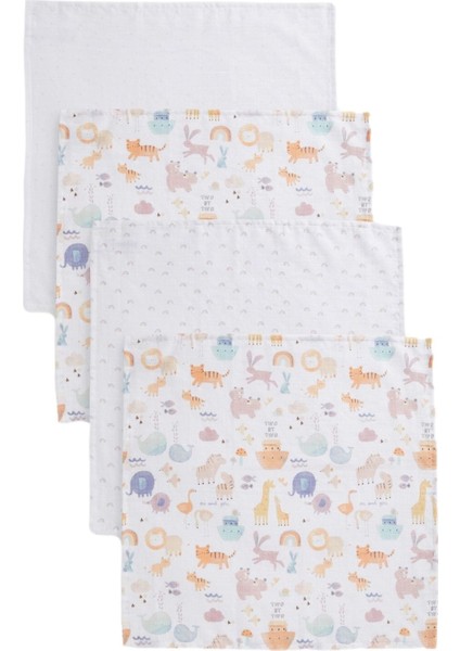 % 100 Pamuklu Beyaz Nuh’un Gemisi Desenli 4’lü Müslin Set