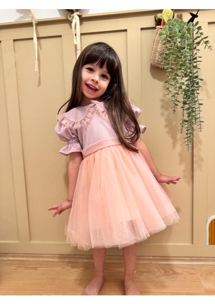 Üstü Simli Tütülü Balon Kol Kız Çocuk Bayramlık Elbise & Doğumgünü Elbisesi