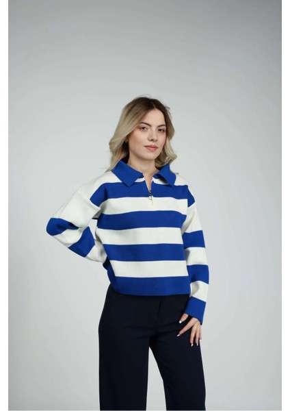 Fermuar Yaka Çizgili Crop