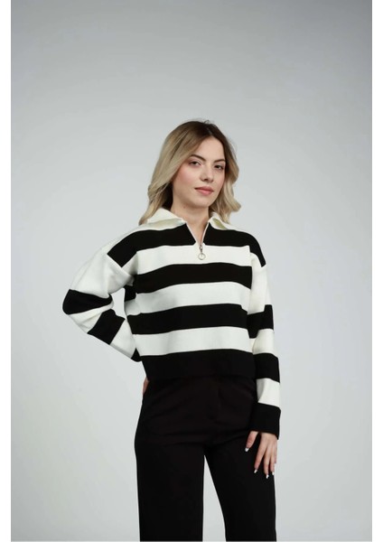 Fermuar Yaka Çizgili Crop