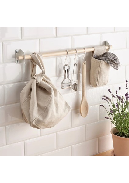 Ahşap Duvar Rayı 60 cm + 5 Adet Metal Kanca Ikea Mutfak Için Ray Seti Duvar Askısı