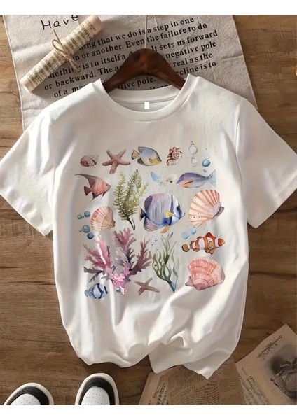 Punıx Kıds Özel Üretim Balık Baskılı Yeni Stil Kız Çocuk Ter Tutmayan Yazlık T-Shırt