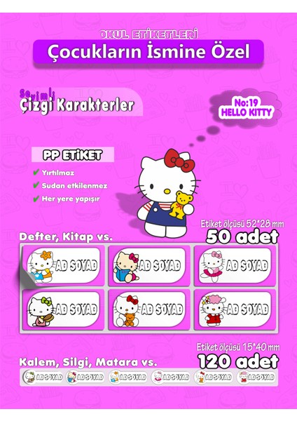Hello Kitty PP Etiket İsme Özel Hobi - Okul Seti 170 Adet