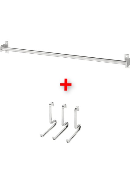 Mutfak Metal Duvar Rayı Uzunluk: 56 cm + 3 Adet Kanca Ikea Çelik Askı Gümüş Renk Kepçe Askısı