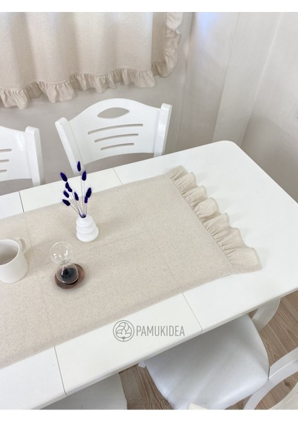 45X145 cm | Yıkanmış Buldan Keten Dokuma Fırfırlı %100 Pamuklu Runner, Sehpa - Masa Üstü Örtüsü