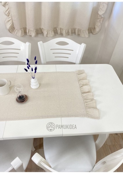 45X145 cm | Yıkanmış Buldan Keten Dokuma Fırfırlı %100 Pamuklu Runner, Sehpa - Masa Üstü Örtüsü fiyatları