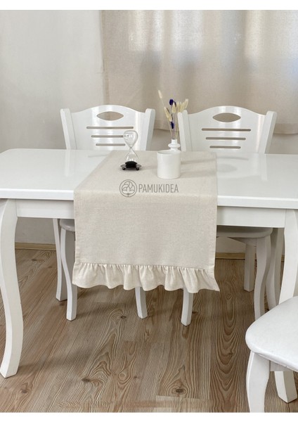 45X145 cm | Yıkanmış Buldan Keten Dokuma Fırfırlı %100 Pamuklu Runner, Sehpa - Masa Üstü Örtüsü modelleri