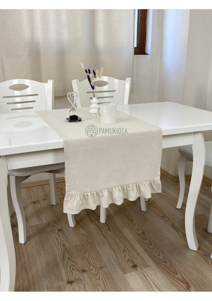 45X145 cm | Yıkanmış Buldan Keten Dokuma Fırfırlı %100 Pamuklu Runner, Sehpa - Masa Üstü Örtüsü fırsatları