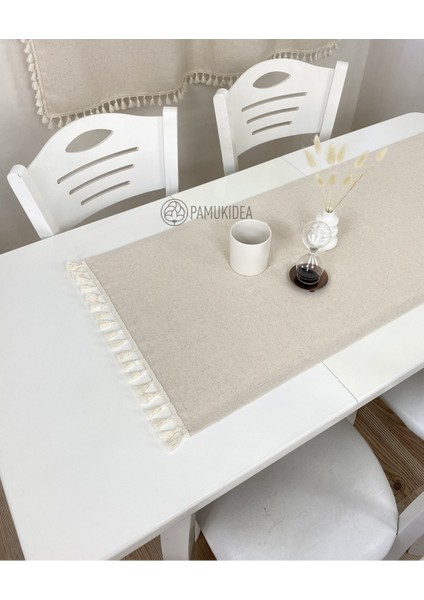 45X145 cm | Yıkanmış Buldan Keten Krem Püsküllü - Ponponlu %100 Pamuklu Runner, Sehpa - Masa Örtüsü