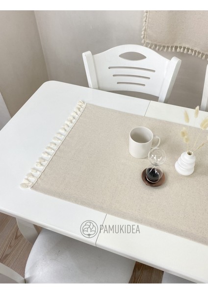 45X145 cm | Yıkanmış Buldan Keten Krem Püsküllü - Ponponlu %100 Pamuklu Runner, Sehpa - Masa Örtüsü fiyatları