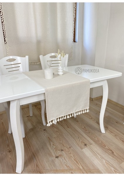 45X145 cm | Yıkanmış Buldan Keten Krem Püsküllü - Ponponlu %100 Pamuklu Runner, Sehpa - Masa Örtüsü modelleri