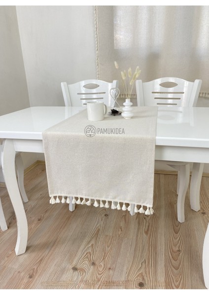 45X145 cm | Yıkanmış Buldan Keten Krem Püsküllü - Ponponlu %100 Pamuklu Runner, Sehpa - Masa Örtüsü fırsatları
