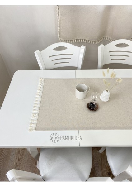 45X145 cm | Yıkanmış Buldan Keten Krem Püsküllü - Ponponlu %100 Pamuklu Runner, Sehpa - Masa Örtüsü indirimleri