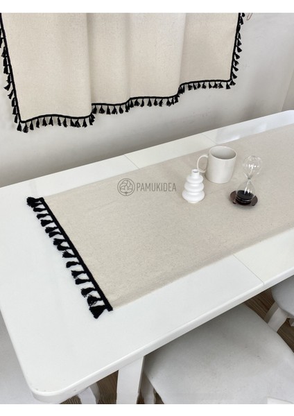 45X145 cm | Yıkanmış Buldan Keten Siyah Püsküllü - Ponponlu %100 Pamuklu Runner, Sehpa - Masa Örtüsü