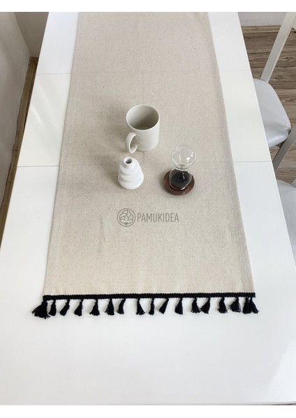 45X145 cm | Yıkanmış Buldan Keten Siyah Püsküllü - Ponponlu %100 Pamuklu Runner, Sehpa - Masa Örtüsü fiyatları