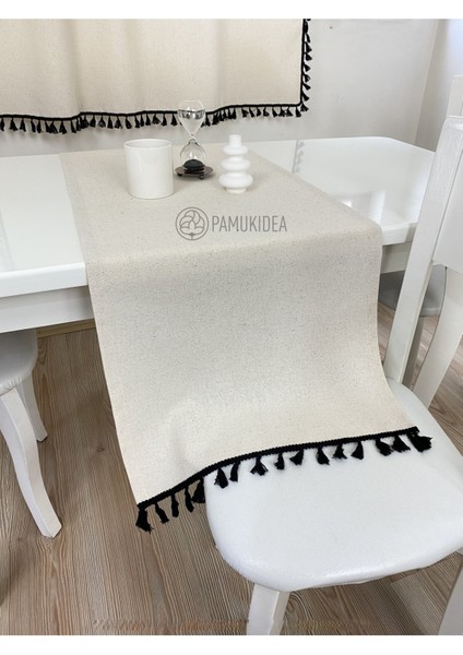 45X145 cm | Yıkanmış Buldan Keten Siyah Püsküllü - Ponponlu %100 Pamuklu Runner, Sehpa - Masa Örtüsü modelleri