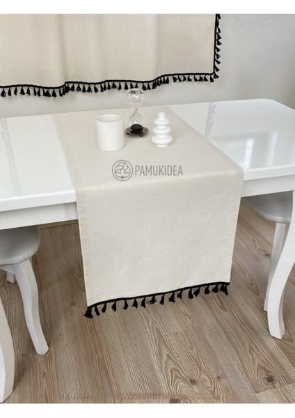 45X145 cm | Yıkanmış Buldan Keten Siyah Püsküllü - Ponponlu %100 Pamuklu Runner, Sehpa - Masa Örtüsü fırsatları