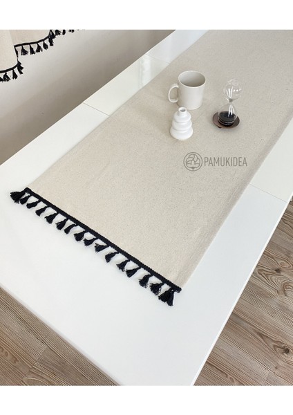 45X145 cm | Yıkanmış Buldan Keten Siyah Püsküllü - Ponponlu %100 Pamuklu Runner, Sehpa - Masa Örtüsü indirimleri