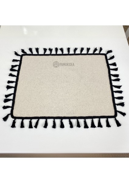 2 Adet | 35 x 45 cm Siyah Ponponlu - Püsküllü Amerikan Servis, Buldan Keten Dokuma Pamuklu Peçete