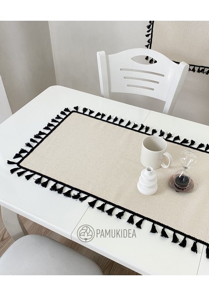 40X100 cm | Yıkanmış Buldan Keten Siyah Püsküllü - Ponponlu %100 Pamuklu Runner, Sehpa - Masa Örtüsü