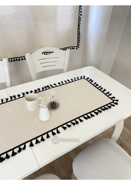 40X100 cm | Yıkanmış Buldan Keten Siyah Püsküllü - Ponponlu %100 Pamuklu Runner, Sehpa - Masa Örtüsü modelleri