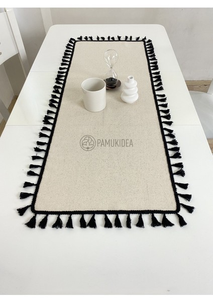 40X100 cm | Yıkanmış Buldan Keten Siyah Püsküllü - Ponponlu %100 Pamuklu Runner, Sehpa - Masa Örtüsü fırsatları