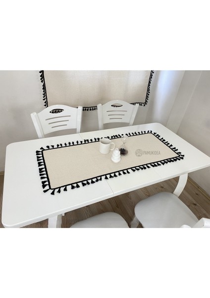 40X100 cm | Yıkanmış Buldan Keten Siyah Püsküllü - Ponponlu %100 Pamuklu Runner, Sehpa - Masa Örtüsü indirimleri