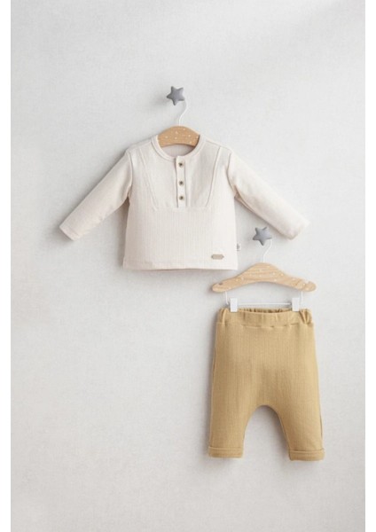 Erkek Bebek Little Bear Alt Üst Takım Ekru ve Hardal Renk Düğmeli Yakalı Pamuk