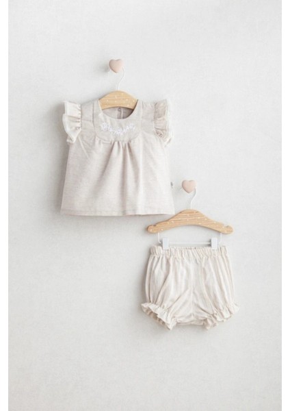 Kız Bebek Nostalgia 2'li Takım Bej Renk - Nakış Işlemeli ve Fırfır Detaylı
