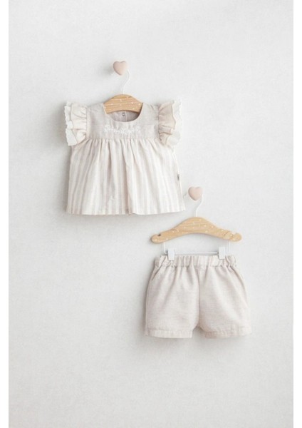 Kız Bebek Nostalgia Alt Üst Takım Bej Renk - Nakış ve Fırfır Detaylı