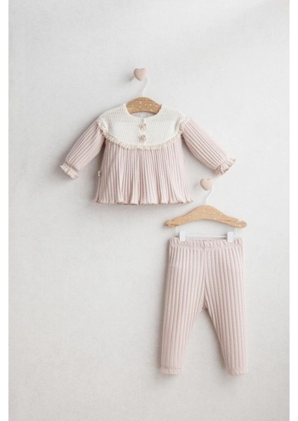 Kız Bebek Daisy Dream Alt Üst Takım Pudra Renk - Dantelli Beyaz Yaka ve Pileli Tasarım