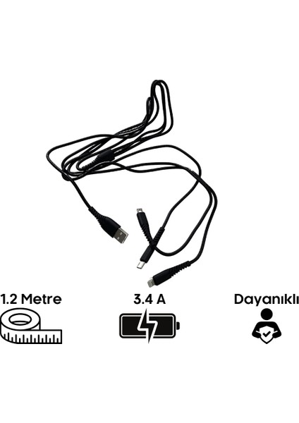 120 cm Çoklu Ev Araba Hızlı Şarj Kablosu Microusb Type C Lightining 3 In 1 indirimleri