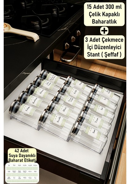 Baharatlık Borosilikat (Cam) Çelik Kapaklı 300ML 15 Adet Kavanoz 3 Adet Iki Kenarı Duvarlı Pleksi Stant