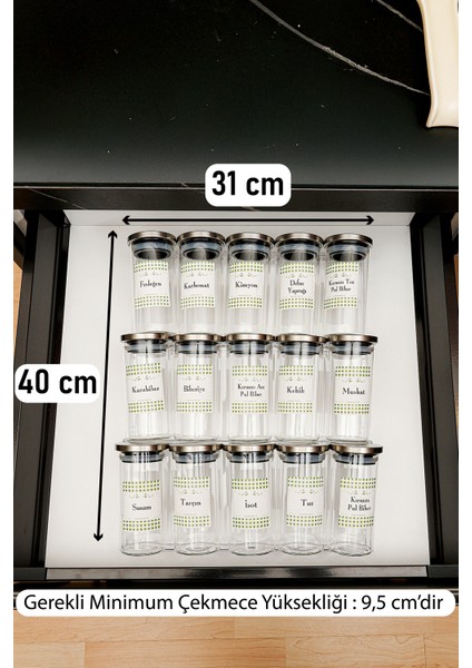Baharatlık Borosilikat (Cam) Çelik Kapaklı 300ML 15 Adet Kavanoz 3 Adet Iki Kenarı Duvarlı Pleksi Stant modelleri