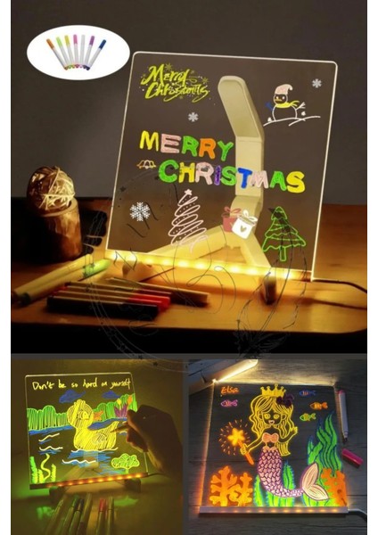 Orta Boy 20 x 20 cm Neon Mesaj Panosu LED Işıklı Yazı Çizim Tahtası Standlı 7 Keçeli Kalemli