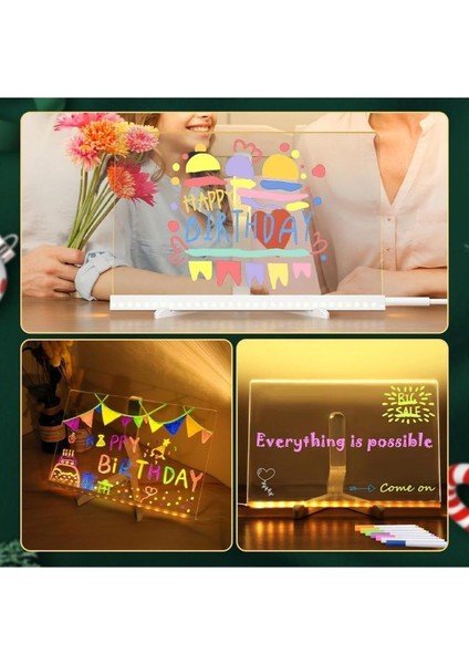 Orta Boy 20 x 20 cm Neon Mesaj Panosu LED Işıklı Yazı Çizim Tahtası Standlı 7 Keçeli Kalemli modelleri