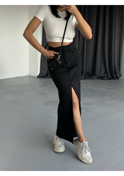 Gabardin Uzun Önden Yırtmaçlı Etek - Siyah
